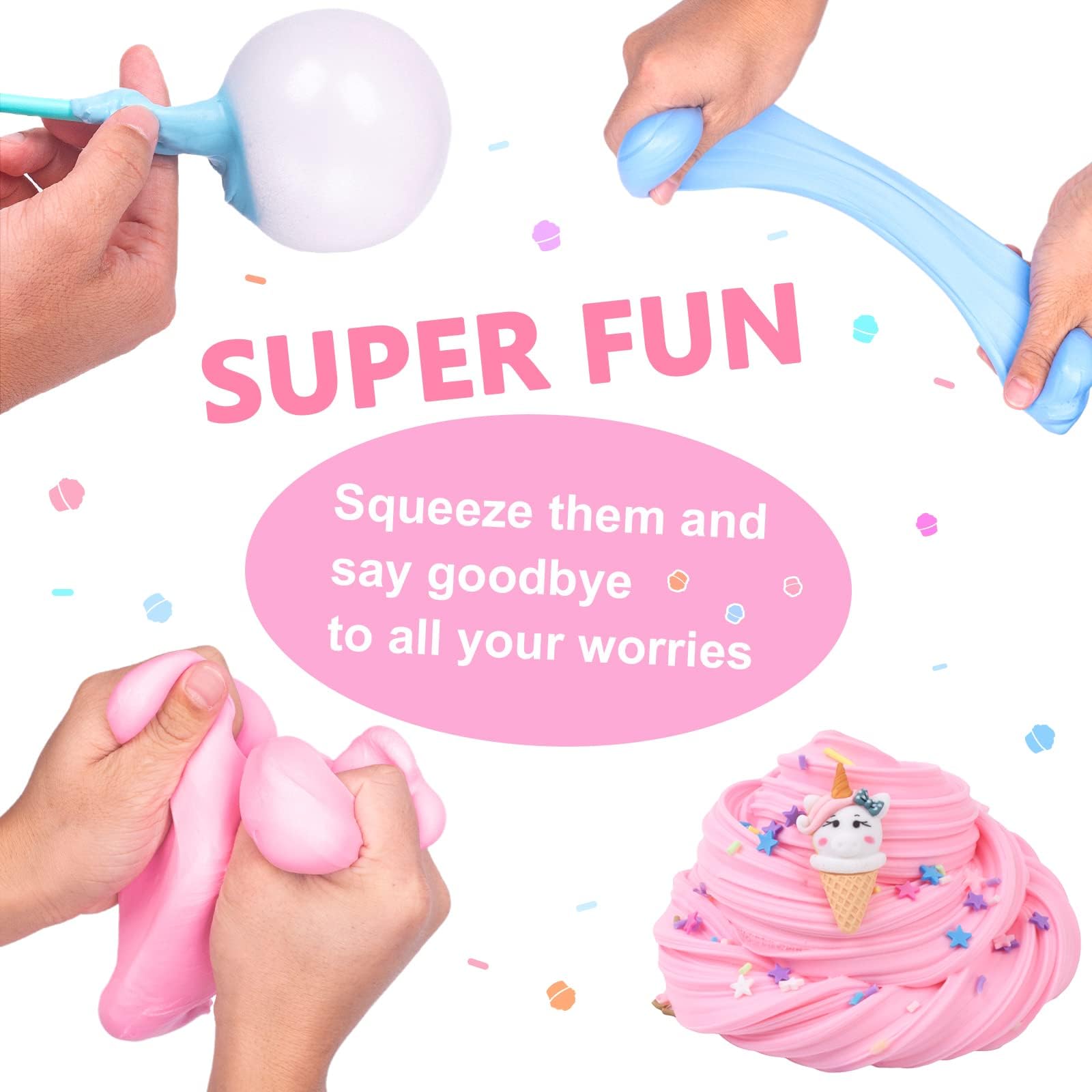 18 Pack Super Soft Butter Slime Kit, with Candy, Ice Cream, Fruit, Cute Fun Charms, Scented Slime Party Favor Gifts for Girls and Boys, DIY Putty Toys for Kids