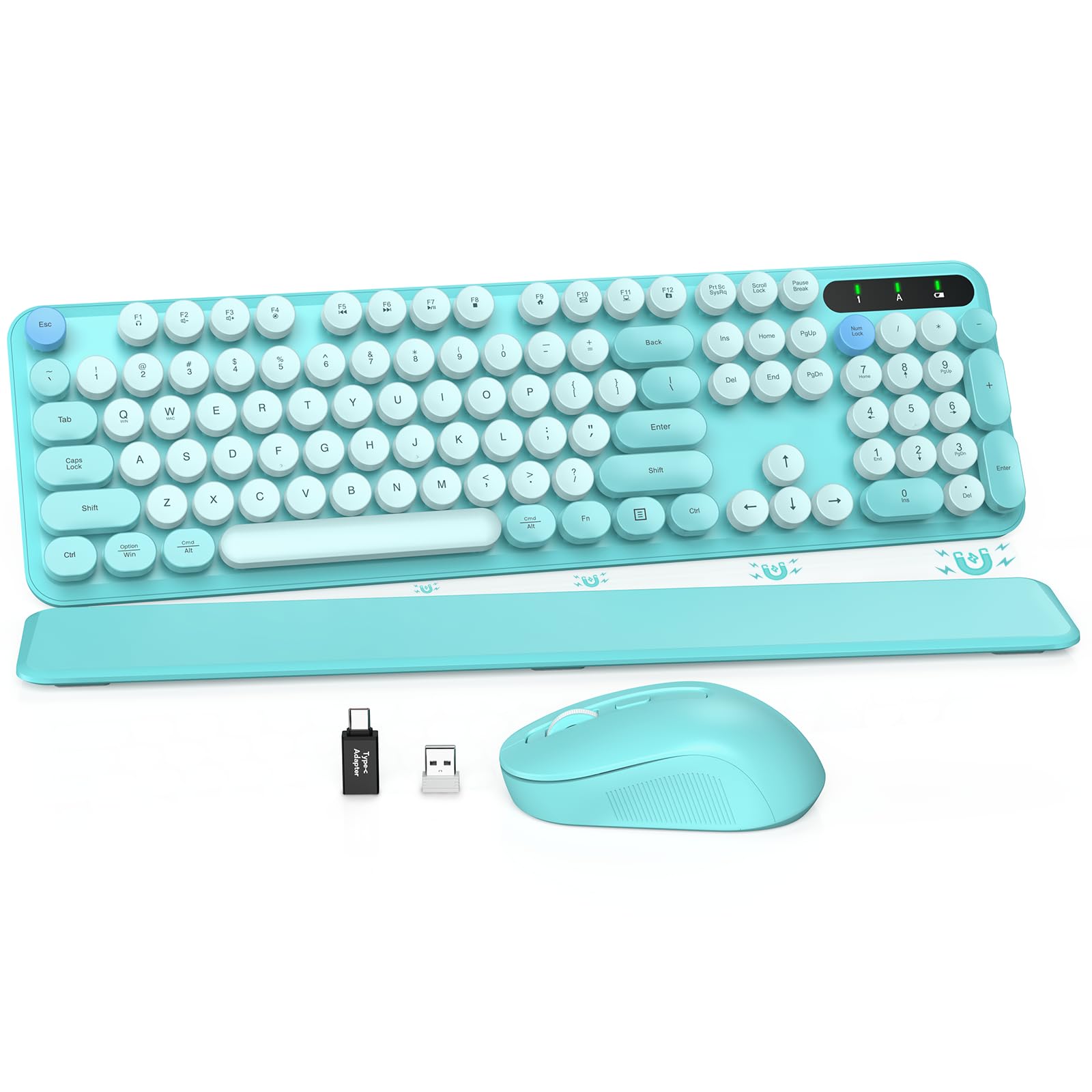 Wireless Keyboard and Mouse Combo, Full-Size Retro Typewriter Keyboard with Detachable Wrist Rest, Round Keycaps, Sleep Mode & Tilt Legs, 2.4GHz Cordless Connection for Windows/PC (Robin Egg Blue)