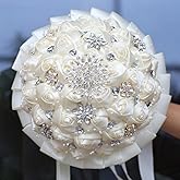 Jellybro Wedding Bouquets for Bride Bridesmaid Brooch Bouquet Handmade Artificial Flower Tossing Bouquet for Wedding Ceremony Anniversary(Ivory,15cm, 1PC)