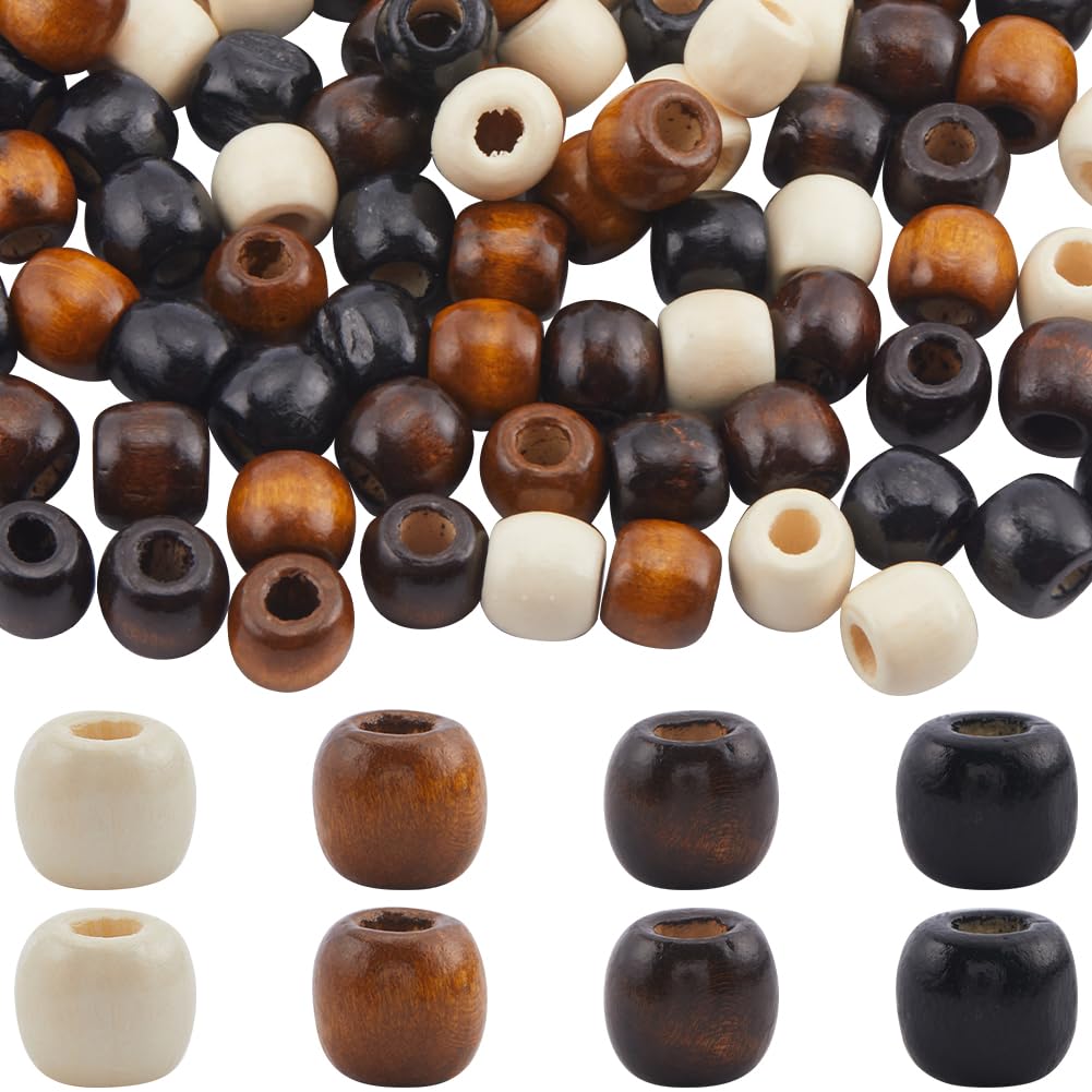 SUNNYCLUE 200Pcs 4 Styles Large Hole Wooden Craft Beads Wood Beads 11x12mm Loose Tan Black Lemon Coloured Natural Barrel of Beads for jewellery Making Bracelet Necklace Christmas Women Beginners Adult
