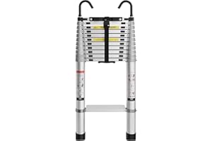 Grefinity 15 FT Aluminum Telescoping Ladder with Hooks, Extension Ladder with Reinforced Alloy Joints, 400 lbs Load Capacity with Non-Slip Feet, Compact Portable for Home, RV, Attic and Roof Use
