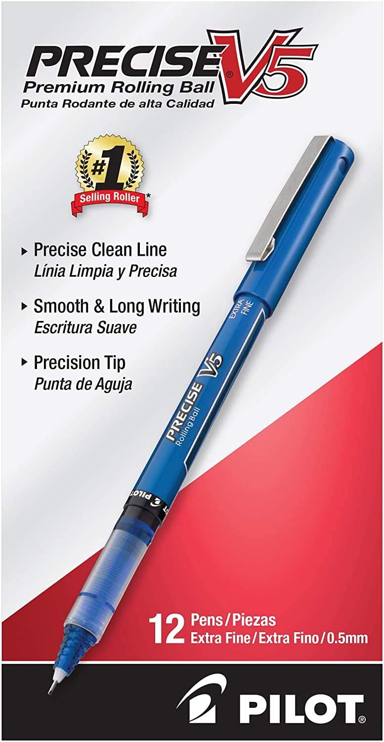 PILOT Precise V5 Stick Liquid Ink Rolling Ball Stick Pens, Extra Fine Point (0.5mm) Blue Ink, 12-Pack (35335) : Liquid Ink Rollerball Pens : Office Products