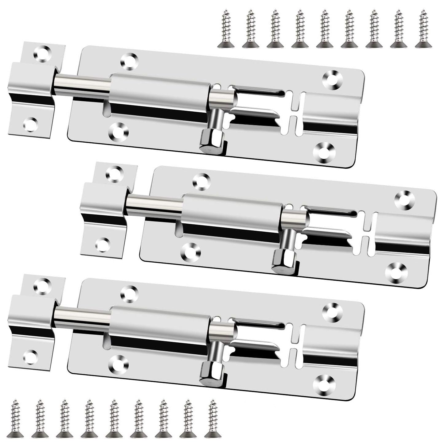 Profiwoab 3 PCS 4 Inch Door Bolts for Internal Doors, Stainless Steel Small Bolt Lock Sliding Latch with Screw Lock for Bathroom Bedroom Shed Garden Toilet (Silver)
