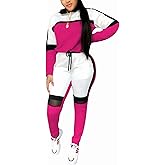 ThusFar Women's Casual Sweatsuit Two Piece Outfits Patchwork Net Color Block Pocket Hooded Top Pant Set Jogger Tracksuit
