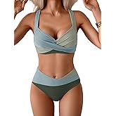 B2prity Bikini Sets for Women Two Piece Swimsuit Mid Rise Color Block Bathing Suit Tie Back Swimwear