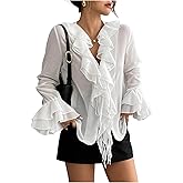 SOLY HUX Women's Long Sleeve Ruffle Blouse V Neck Chiffon Shirts Layered Going Out Tops