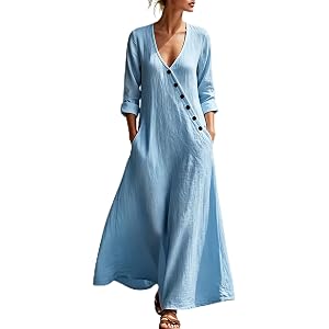 LMSXCT Linen Maxi Dresses for Women 2026 Fall V Neck Long Sleeve Vacation Dresses Button Casual Loose Long Dress with Pockets