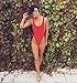 Dixperfect 90s Trend One Piece Swimsuit Low Cut Sides Wide Straps High Legs for Women (M, Red)