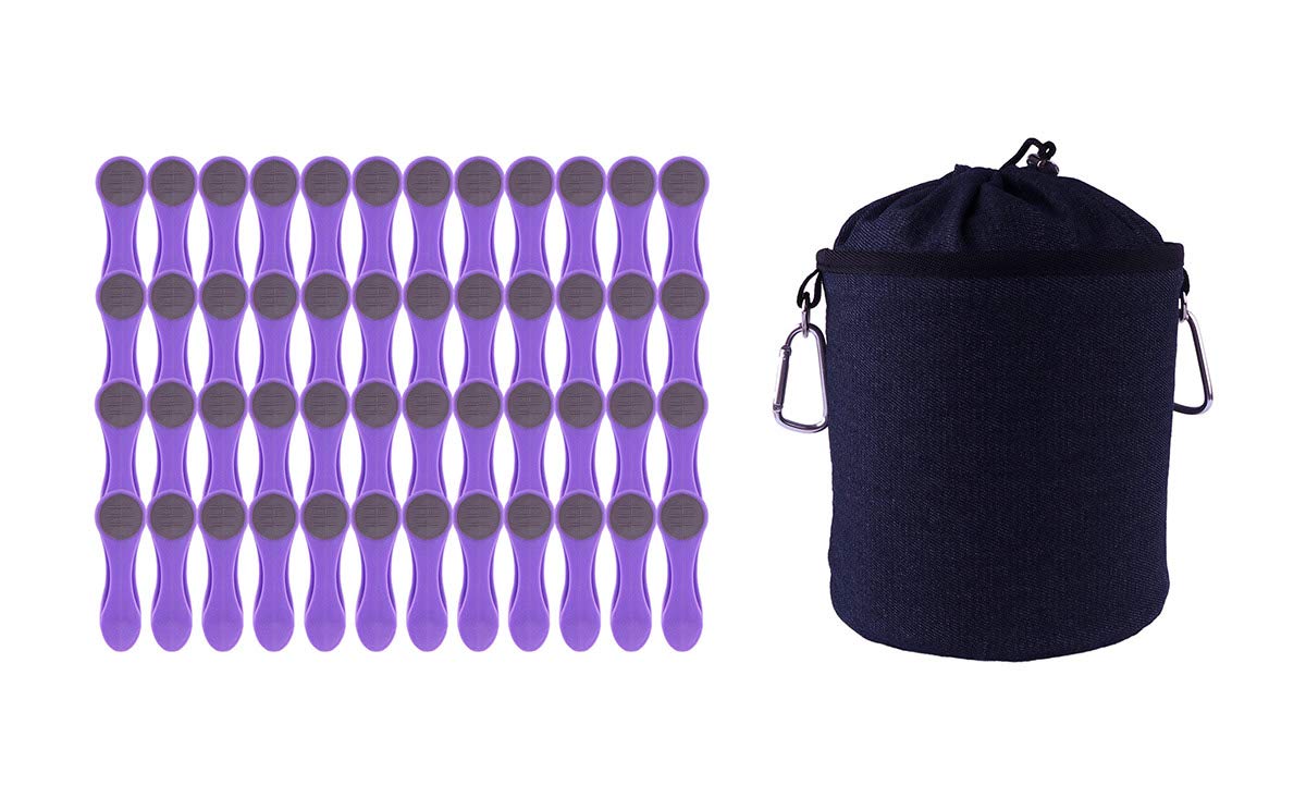48 Clothes Pegs with Soft Grip and 1 Clothes Peg Bag - 48 x Purple, 1 x Blue Bag