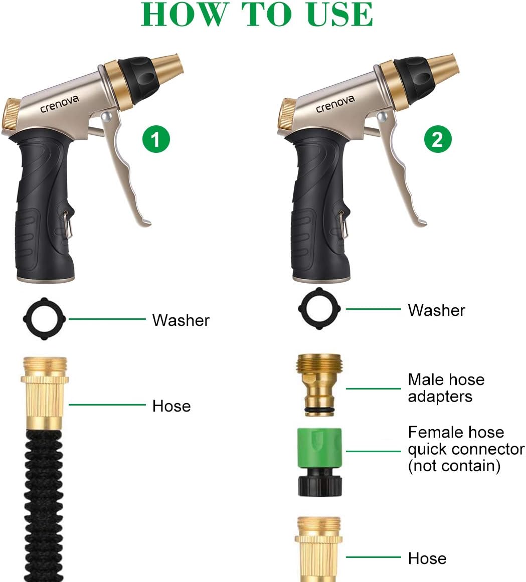 Crenova Garden Hose Nozzle, Spray Nozzle High Pressure, 100% Heavy Duty Full Brass Nozzle & ABS Non-Slip Ergonomic Grip Water Hose Nozzle, 4 Watering Patterns for Watering Lawn Plants Car Patio Pet : Garden & Outdoor