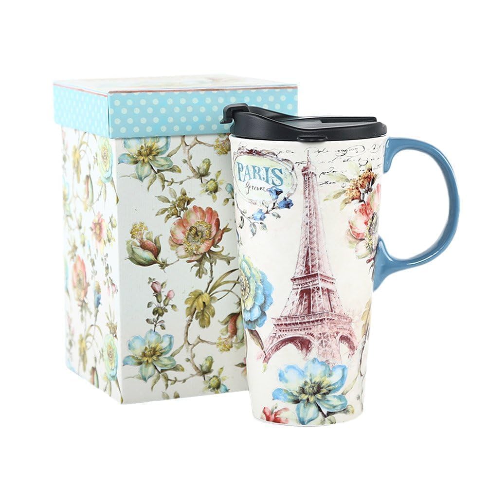 Topadorn Ceramic Travel Mug 17oz Porcelain Coffee Cup with Sealed Lid and Gift Box, Microwave & Dishwasher Safe Coffee Tumbler, Eiffel Tower