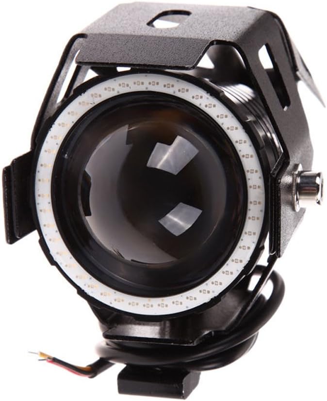 Motorcycle LED Headlight CREE U7 with Angel Eyes Ring Spotlight Driving Daytime Lights (Pack of 1, White Angel Eyes)