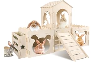EAROND Large Rabbit Castle, Wooden Bunny House & Hay Feeder, Detachable Rabbit Hideaway, Indoor Rabbit Castle with Ramp, Small Animal Houses & Habitats