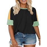 DOLNINE Plus-Size-Tops for Women Summer Color Block Shirts Casual Crewneck Tees Trendy Going Out Side Split Tunics XL-5XL