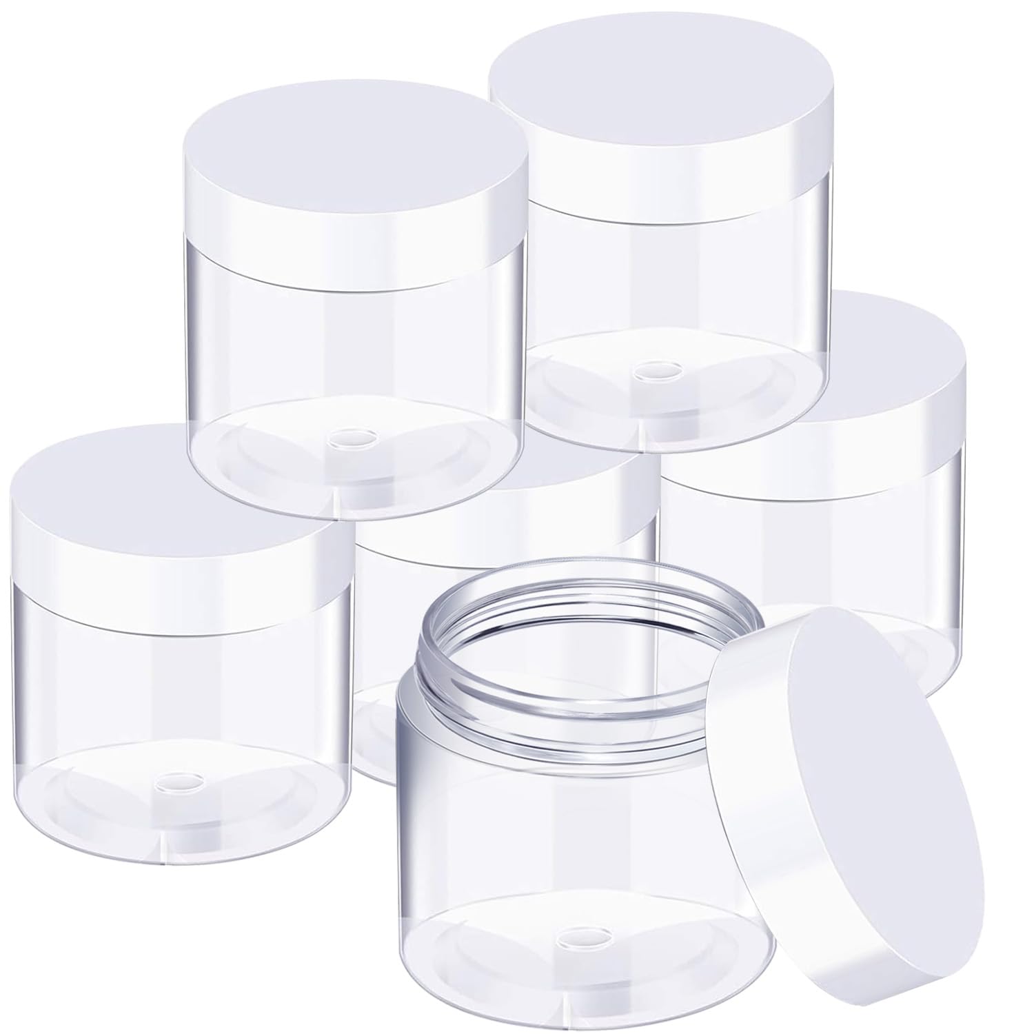 Photo 1 of SATINIOR 6 Pcs Clear Container with Lids Small Plastic Pot Jars Wide Mouth Round Leakproof Plastic Container Jars for Travel Storage, Eyeshadow, Nails, Paint, Jewelry (5 Oz, White)