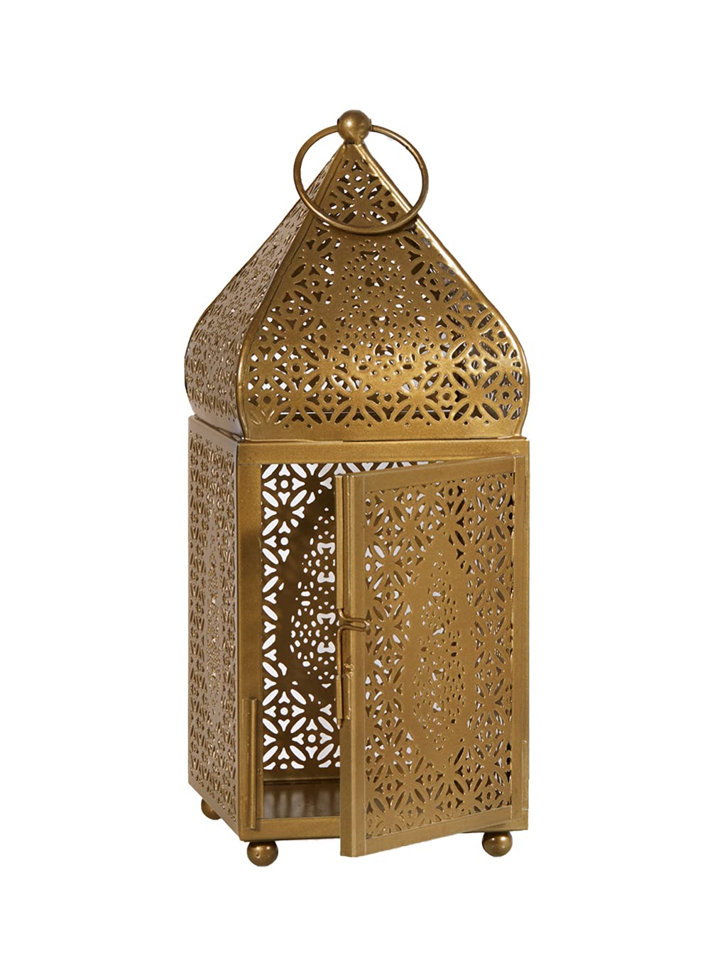 Serene Spaces Living Large Moroccan Gold Ornate Candle Lantern, Antique Gold Lantern, Decorative Candle Lantern Holders for Indian-Inspired Wedding, Eid, Ramadan, Events, 4.5" Dia & 12" Tall