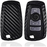 iJDMTOY Carbon Fiber Finish Soft Silicone Key Fob Cover Compatible with BMW 1 2 3 4 5 6 7 Series X1 X3 X4 Keyless Smart Key (Black Twill Weave Pattern)