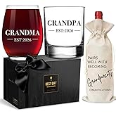 QHLLWT Grandpa Grandma Est 2026 Wine &Whiskey Glass Bag Gift Set for Grandparents to Be, Baby Announcement wine & whiskey Glasses bag Gifts for Grandparent, New grandpa & grandma glass gift Ideas-81