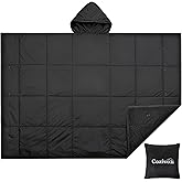 Cozivo Camping Blanket, 2-in-1 Wearable Puffy Camping Blanket with Hood & Snap Buttons Waterproof Lightweight Travel Blanket Converts to Pillow for Backpacking, Beach, Picnics, Stadium (Black)