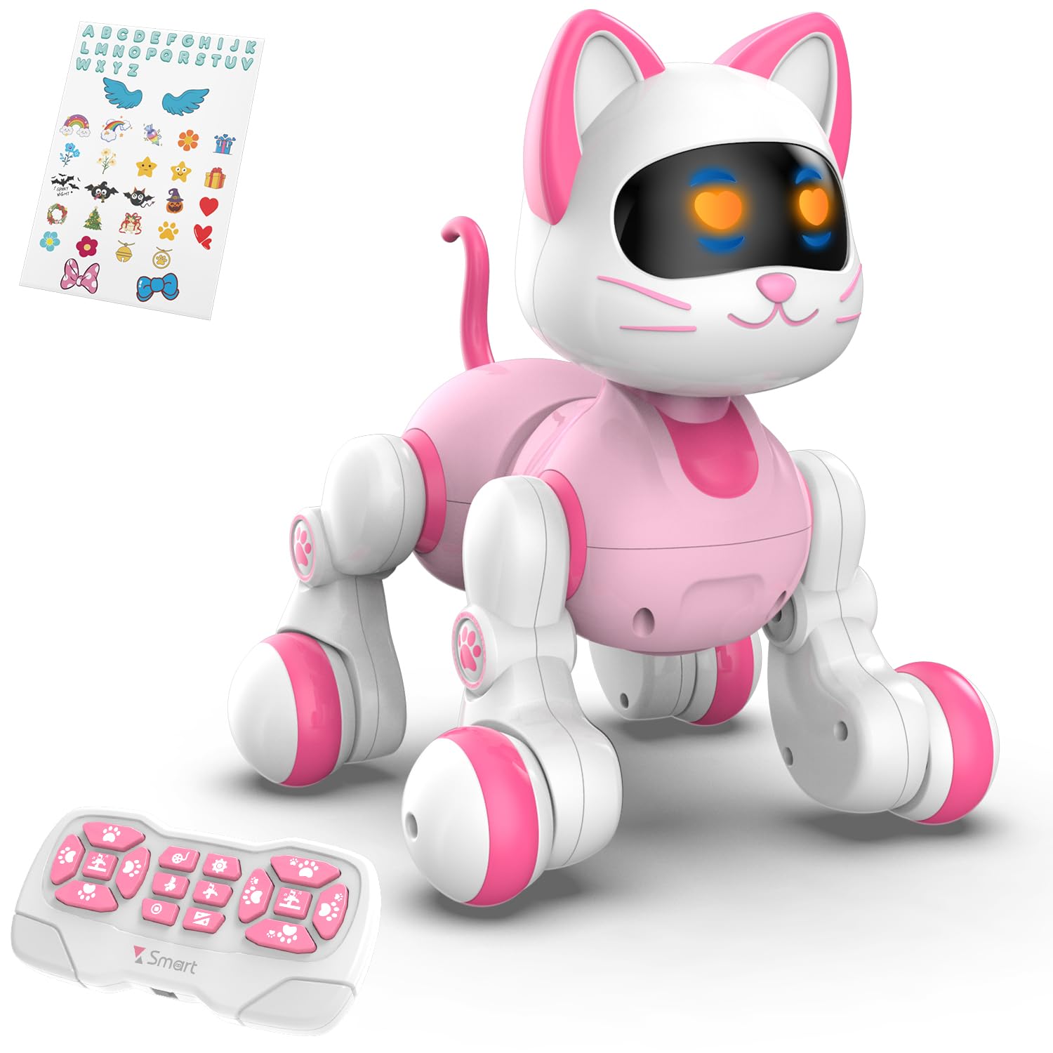 Photo 1 of STEMTRON Programmable Remote Control Robot Cat Dog for Kids, Interactive Robotic Cat, Robo Cat, RC Robot with Touch Sensing, LED Eyes, Dance & Music, Sticker (White)