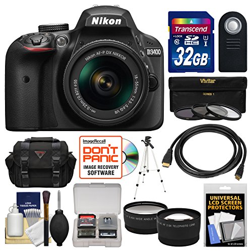 Nikon-D3400-Digital-SLR-Camera-18-55mm-VR-DX-AF-P-Zoom-Lens-Black-with-32GB-Card-Case-Tripod-Filters-TeleWide-Lens-Kit