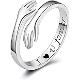 ACJFA S925 Sterling Silver Hug Ring for Women Adjustable Hugging Hands Open Ring Mothers Day Gifts for Mom