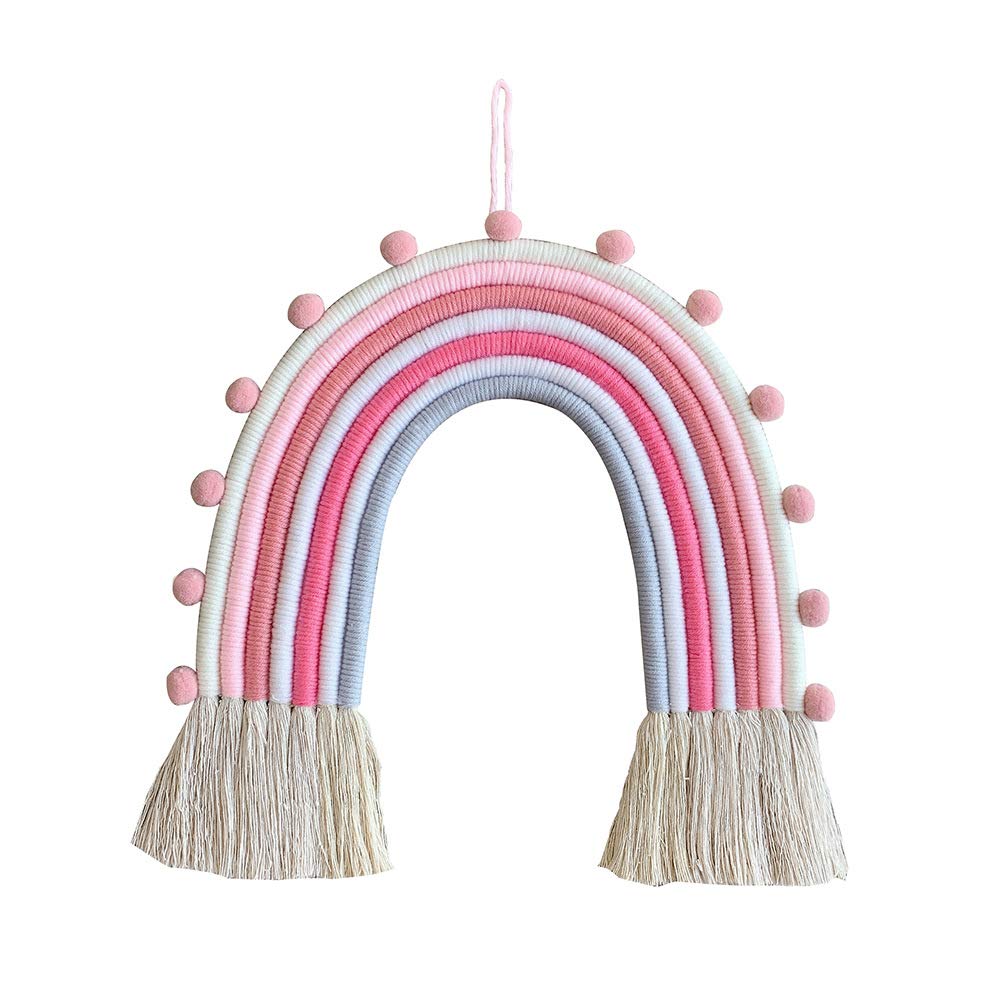 Shiwaki Rainbow Wall Decor Hanging Room Boho Small Tapestry, Woven Decorative with Tassel, Soft Cotton Rope Cute Wall Art Backdrop(Pink)
