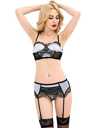 ohyeahgirl Damen Bra Set Underwear Spitzen Push Up BH Unterwäsche Sets Plus Size Reizwäsche Satin Silber mit Strumpfband-Dess