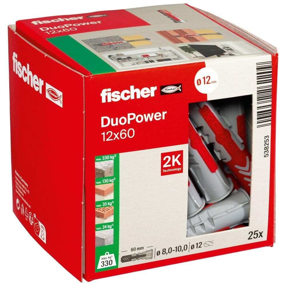 Fischer DuoPower 12 x 60, Powerful Universal Plug, Intelligent 2-Component Technology for fastenings in Concrete, Bricks, Stone, etc., 25 Plugs Without Screws — image 1