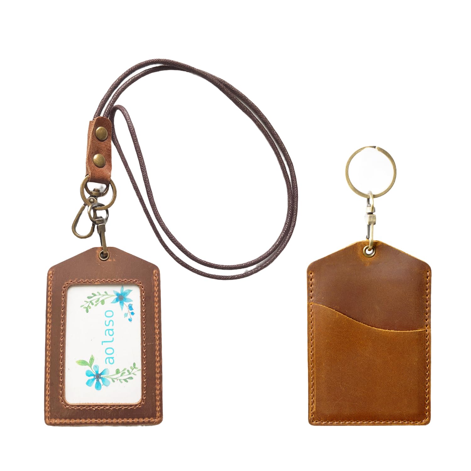 Badge Holder Vertical Handmade Leather ID Card Badge Holder Keychain with Heavy Duty Lanyard for Men Women-Brown