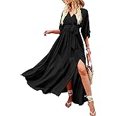 ANRABESS Womens 1/2 Sleeve Beach Wedding Guest Maxi Dresses 2026 Summer Wrap V Neck Boho Floral Flowy Slit Long Dresses