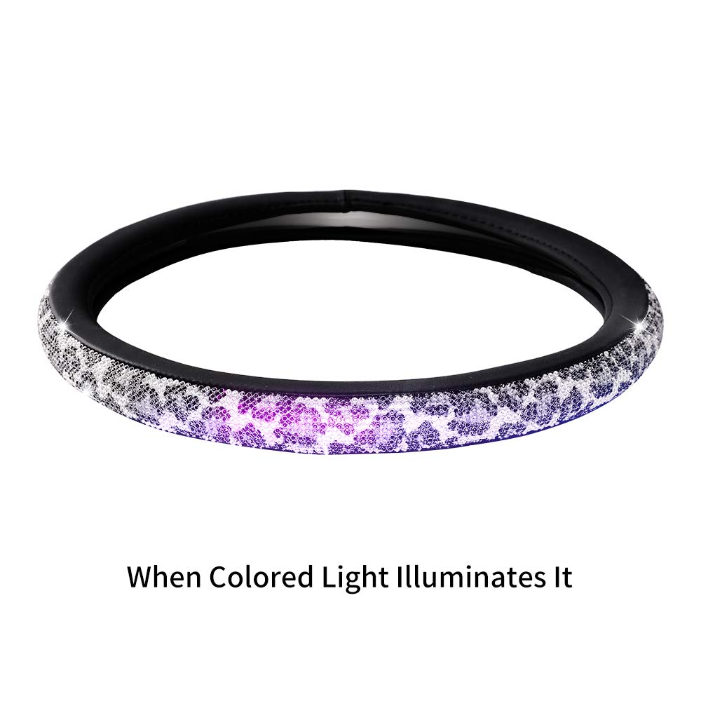 QUEES Diamond Leather Steering Wheel Cover with Bling Crystal Rhinestones Universal Fit 15 Inch Anti-Slip Wheel Protector for Women Girls