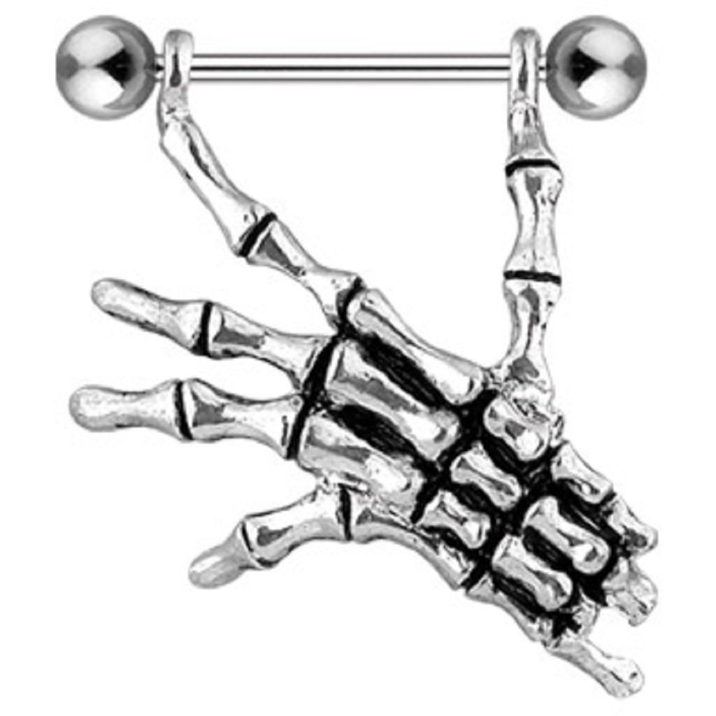 PiercedOff Nipple Barbell with a Skeletal Hand Dangle