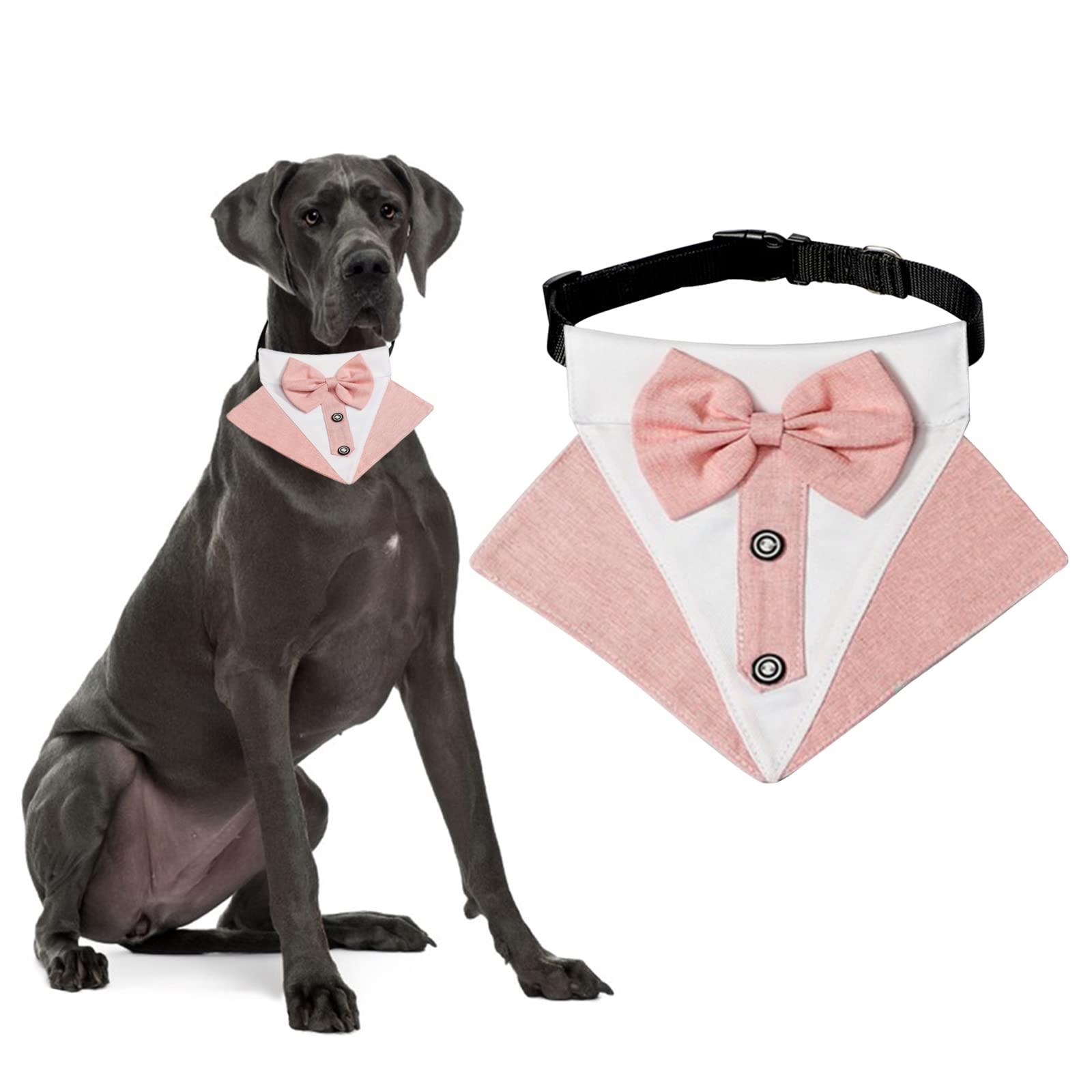 HACRAHO Formal Dog Tuxedo Bandana, 1 Piece Dog Wedding Bandana Collar with Bowtie Adjustable Formal Tux Dog Bandana with Collar for Large Dogs, Pink