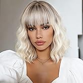 BEAUTIFA Ombre Platinum Blonde Wig with Bangs for Women 14 Inch Shoulder Length Short Bob Wavy Curly Wig Platinum Blonde Wig Heat Resistant Synthetic Wigs