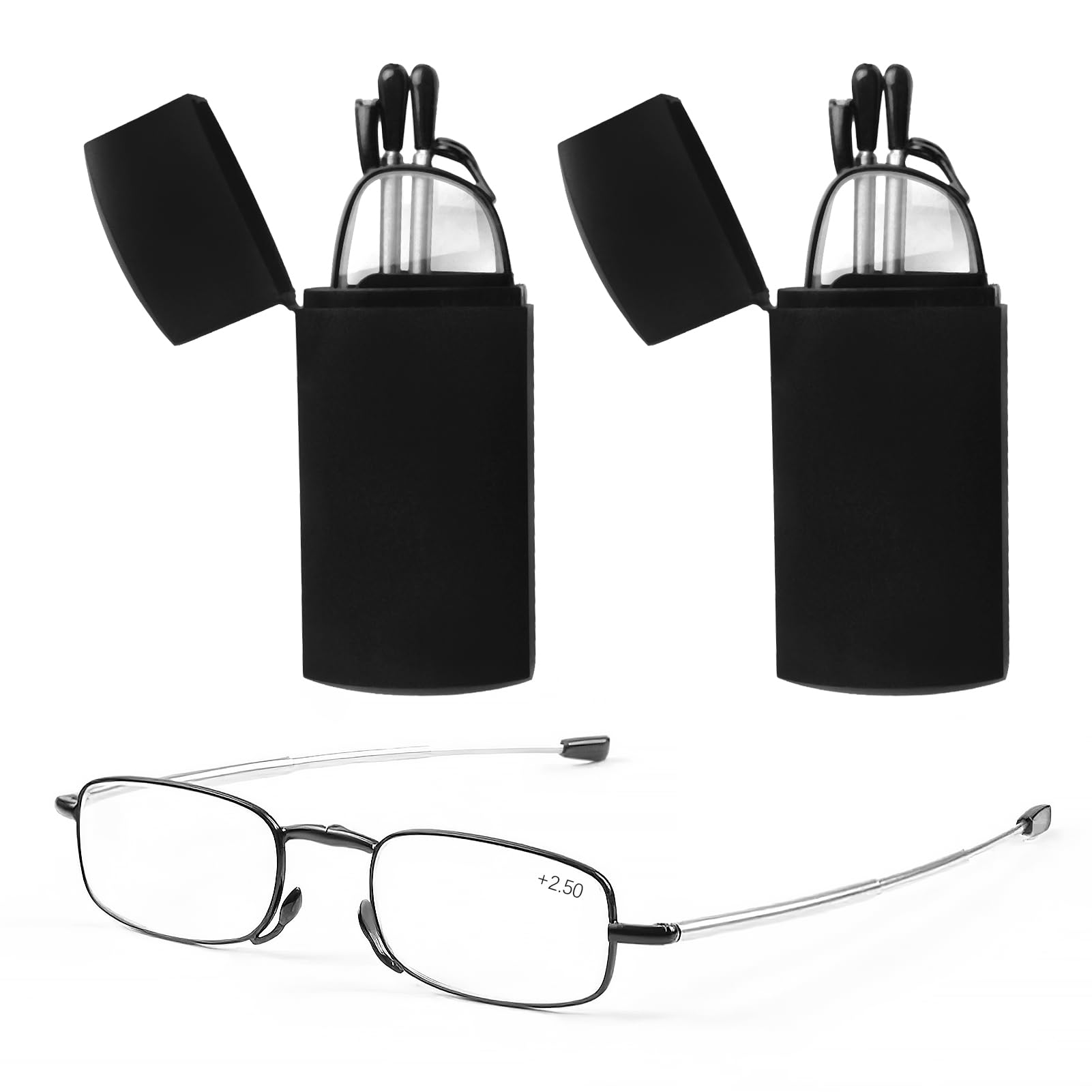 OMCGG 2Pair Folding Reading Glasses With Flip Case, Portable Blue Light Blocking Pocket Reader Mini Compact Magnify Glasses Spring Hinge Lightweight Presbyopic Glasses for Men Women (2.5)