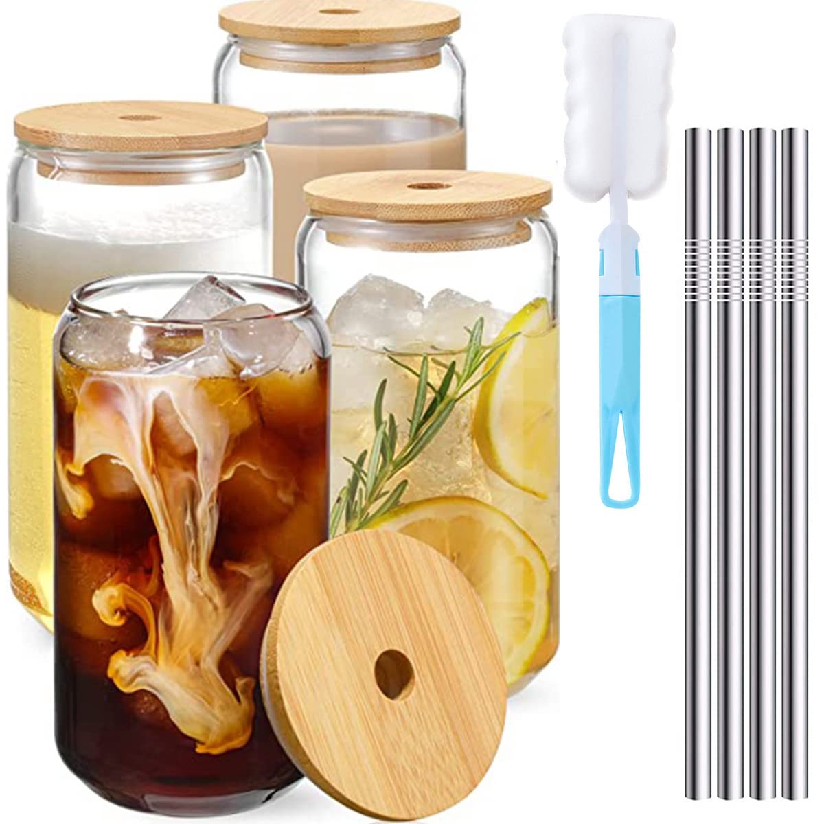 4pcs Transparent Glass Cups with Lids & Straw 500ml Large Drinking Glasses Can Shaped Beer Glasses Tumbler for Cold Drinks Juice Coffee Cocktail Soda