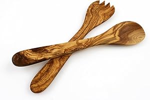 Tramanto Olive Wood Salad Servers - Beautiful Hand Carved Set, 12 inch (French Design)