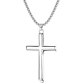 MILACOLATO Solid 925 Sterling Silver Cross Necklace for Men Women, 2mm Durable Diamond-Cut Sterling Silver Chain with Beveled Edge Cross Pendant, Mens Silver Gold Crucifix Pendant Necklace Jewelry 16-24 Inches Mother's Father's Day Jewelry Gifts