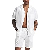 RPOVIG Men's Linen Shirts Shorts Outfits Beach 2 Pieces Sets Button Down Suit Casual Summer Tracksuit Vacation Clothes
