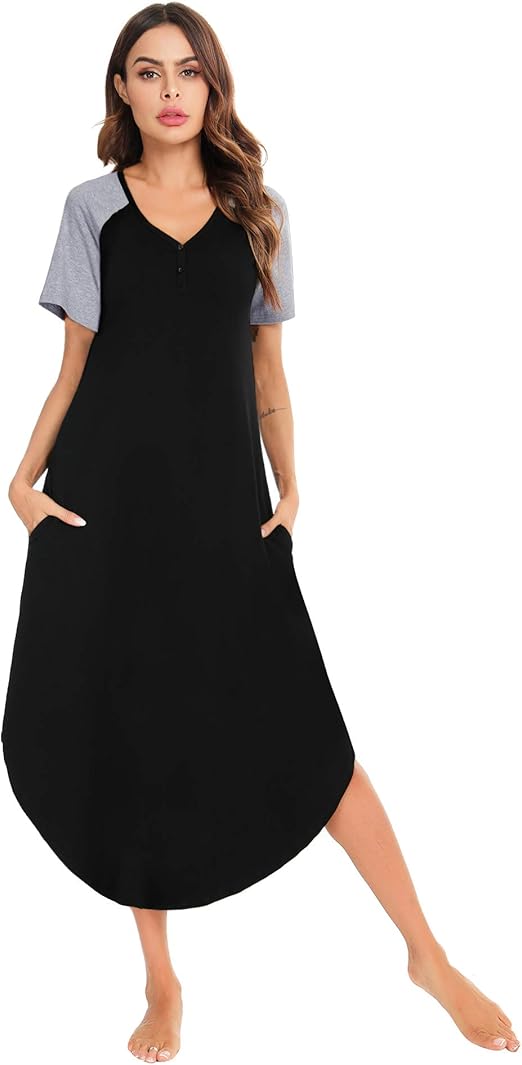 Aibrou Womens Long VNeck Plus Size Jersey Nightshirt Nightdress