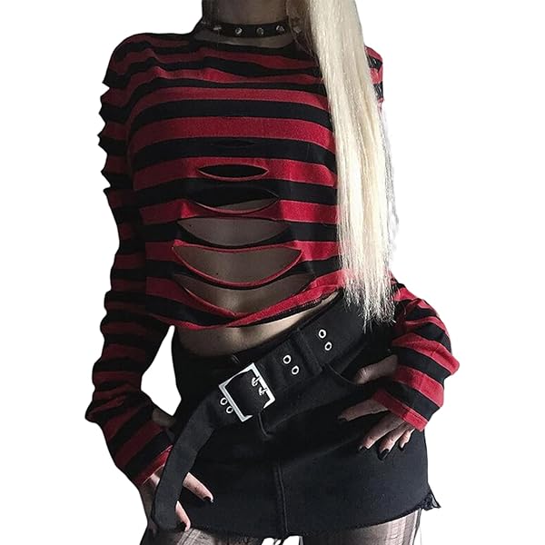 Fayueye Women Gothic Ripped Crop Tops Goth Punk Long Sleeve