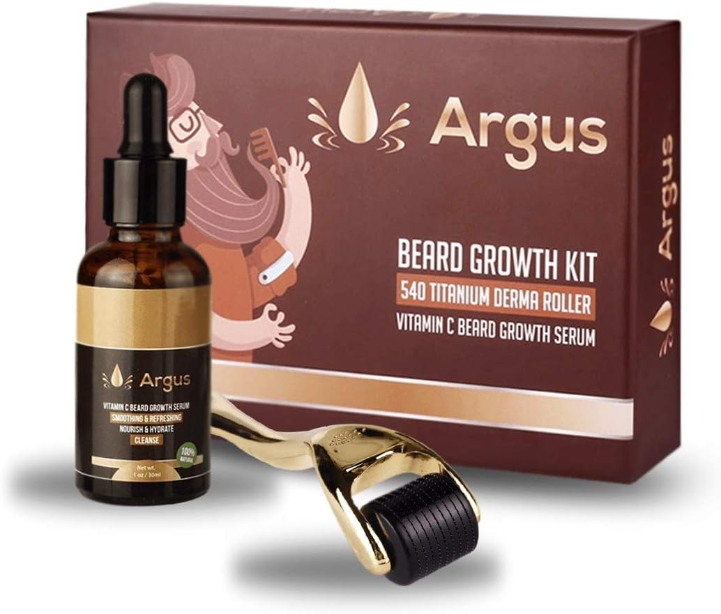 Argus Derma Roller for Beard Growth + Growth Serum- Healthier Beard and Hair Growth- Derma Roller for Men -Perfect Gift for Men