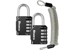 Disecu 4 Digit Combination Lock Outdoor Waterproof Padlock with Steel Cable for Gym Locker, Helmet, Gate, Fence, Luggage (Black, Pack of 2 padlocks)