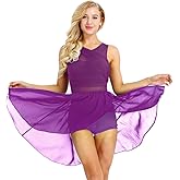 FEESHOW Women Contemporary Dance Costume Lyrical Dance Costume Illusion V-Neck Chiffon Flowy High-Low Leotard Dress
