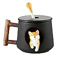 Scizorito Cute Dog Couple Cup, Ceramic Coffee Mug with a Lid, Cute Paws on the Top of the Spoon, Cute Shiba Lnu Three-dimensional Design, with Matte Texture, (420ML Black Head)