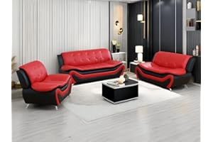 Dekmxas Leather Couches for Living Room, Living Room Couch Set, Sofa for Bedroom, Apartment, Living Room Furniture Sets (a-Leather Black&Red, Sofa+Loveseat+Chair)