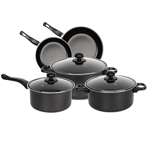 Gr8 Home Black 8 Piece Carbon Steel Non Stick Kitchen Cookware Set Casserole Cooking Pot Frying Pan Saucepan with Glass Lids
