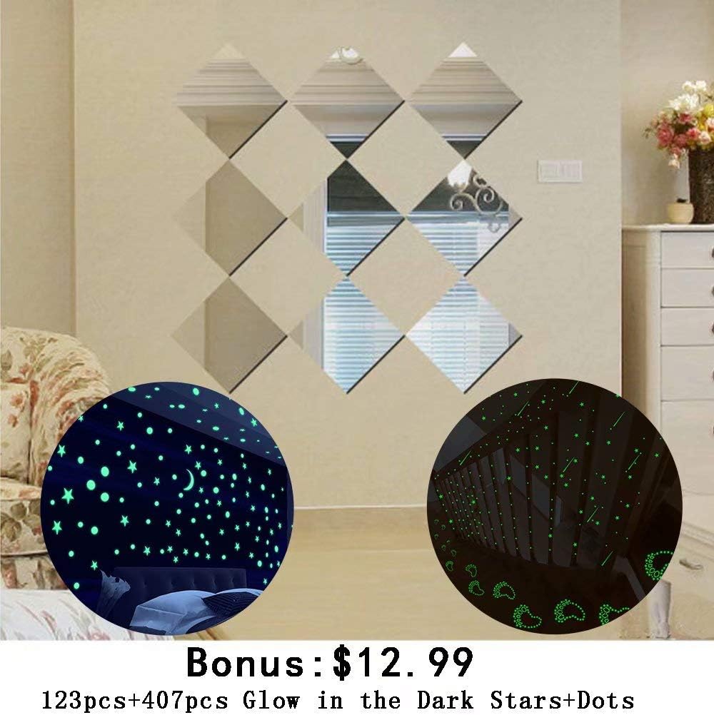 Alrens 16 x 16cm 9pcs Squares DIY Wall Stickers Silver Mirror Wall Stickers Living Room Bedroom Bathroom Decor Mural Decal + 530pcs Removable Glow in The Dark Stars Stickers