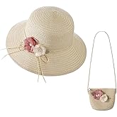 Girl Floral Straw Hat with Bag Set Kid Cute Beach Summer Sun Hat Princess Travel Bucket Small Wallet for Holiday Outdoor